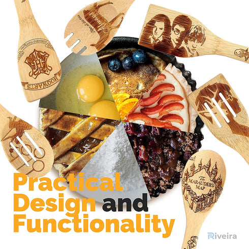 Riveira Organic Wooden Spoons for Cooking Utensils Set 6-Piece Magic Wizard Harr Potter Kitchen Utensils Gift Spatulas for Nonstick Cookware Gifts for Cooking Lovers