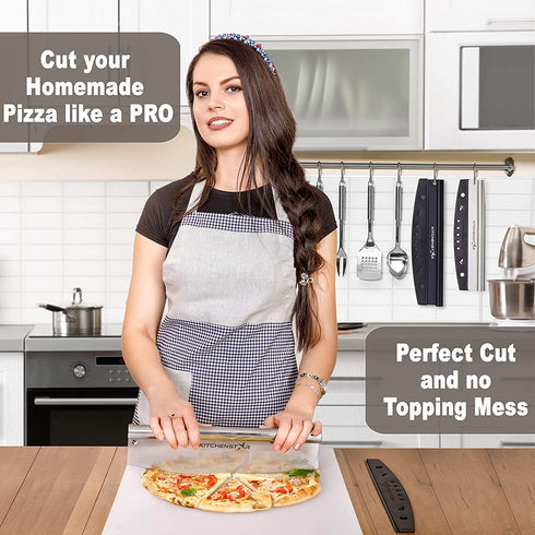 14 Pizza Cutter by KitchenStar | Sharp Stainless Steel Slicer Knife - Rocker Style w Blade Cover | Chop and Slices Perfect Portions + Dishwasher Safe Premium Pizza Oven Accessories