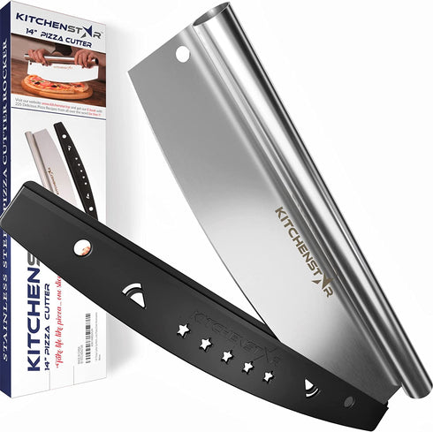 14 Pizza Cutter by KitchenStar | Sharp Stainless Steel Slicer Knife - Rocker Style w Blade Cover | Chop and Slices Perfect Portions + Dishwasher Safe Premium Pizza Oven Accessories