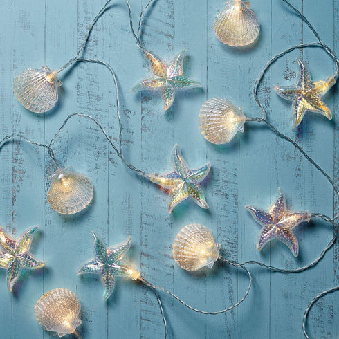Lights4fun, Inc. 12.5ft Iridescent Seashell & Starfish Battery Operated 20 LED Indoor & Outdoor Beach Theme String Lights