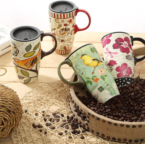 CEDAR HOME Coffee Ceramic Mug Porcelain Latte Tea Cup With Lid in Gift Box 17oz. Yellow Song Bird