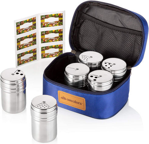 Portable Stainless Steel Spice Shaker Seasoning Dispenser - 6 Pc Set with Rotating Lids and Travel Bag| Spice Jars - Salt and Pepper Shakers - Dry Herb Spice Condiment Dispenser |Camping|Hiking|BBQ