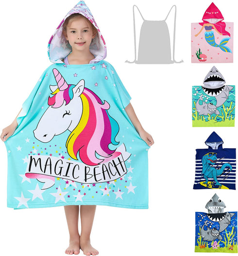 Athaelay Soft Swim Cover-ups for 3 to 10 Years Old Kids Girls Hooded Bath Beach Poncho Towels (Magic Unicorn, with Drawstring Bag)