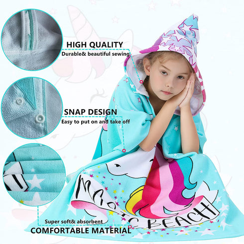 Athaelay Soft Swim Cover-ups for 3 to 10 Years Old Kids Girls Hooded Bath Beach Poncho Towels (Magic Unicorn, with Drawstring Bag)