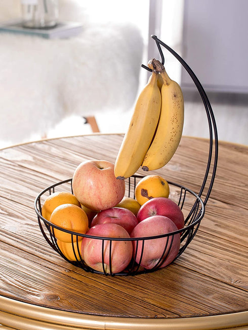 Basicwise Wire Metal Fruit Basket Holder with Banana Hanger, Black, (QI003494)