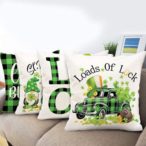 Hexagram St Patricks Day Pillow Covers 18 x 18, Green Buffalo Plaid Truck Shamrock Throw Pillow Covers Set of 4, Patricks Decorations Linen Pillow Covers for Living Room Couch Patio Indoor Outdoor