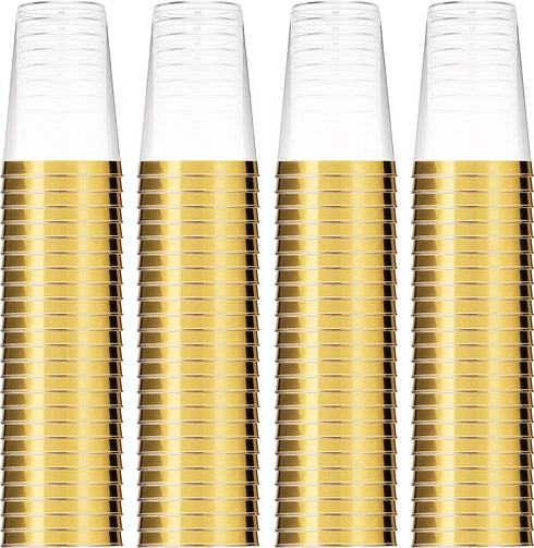 100 Gold Plastic Cups 10 Oz Clear Plastic Cups Tumblers Gold Rimmed Cups Fancy Disposable Wedding Cups Elegant Party Cups with Gold Rim