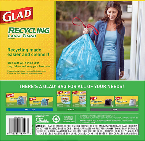 Glad Large Drawstring Recycling Bags - 30 Gallon Blue Trash Bag - 28 Count (Package May Vary) (CXC-212)