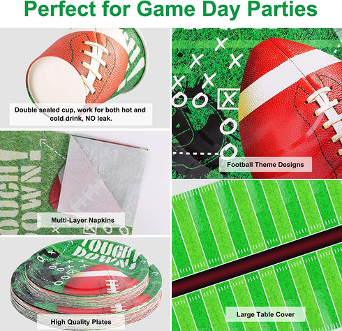 FiGoal Football Themed Party Supplies and Party Decorations for 32 Guests Include, Table Cover, 9?Dinner Plates, 7?Snack/Dessert Plates, Napkins, Cups, Super Bowl Tableware Accessory Decorations