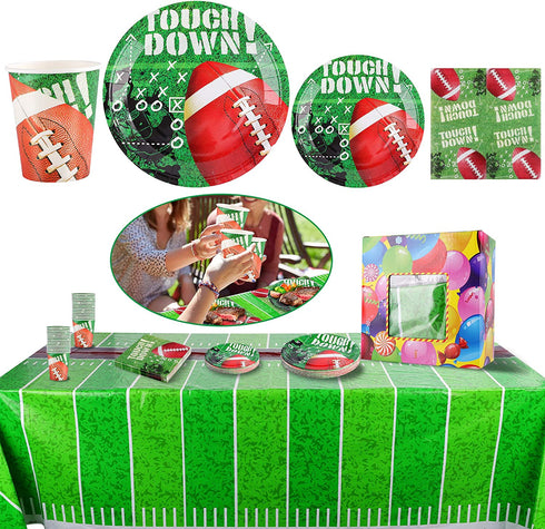 FiGoal Football Themed Party Supplies and Party Decorations for 32 Guests Include, Table Cover, 9?Dinner Plates, 7?Snack/Dessert Plates, Napkins, Cups, Super Bowl Tableware Accessory Decorations