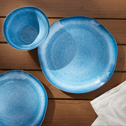 Amazon Basics 12-Piece Melamine Dinnerware Set - Service for 4, Blue Glaze with Rustic Edge
