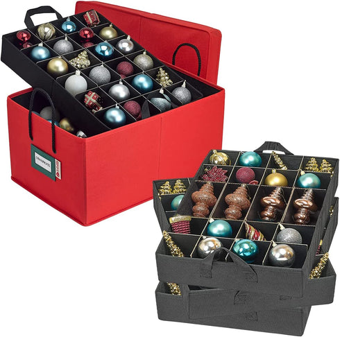 Christmas Ornament Storage Container Box Heavy Duty, Premium Quality Storage Bins - Convenient Durable, 3 Individual Trays Fits Up to 72 - 3? Ornaments Adjustable Cells