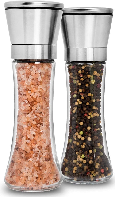 HOME EC Premium Stainless Steel Salt and Pepper Grinder Set of 2 - Adjustable Ceramic Sea Salt Grinder & Pepper Grinder - Tall Glass Salt and Pepper Shakers - Pepper Mill & Salt Mill W/Funnel & Ebook