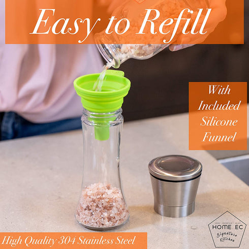 HOME EC Premium Stainless Steel Salt and Pepper Grinder Set of 2 - Adjustable Ceramic Sea Salt Grinder & Pepper Grinder - Tall Glass Salt and Pepper Shakers - Pepper Mill & Salt Mill W/Funnel & Ebook