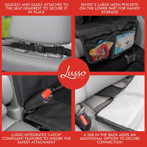 Lusso Gear Car Seat Protector for Baby Car Seat - Thick Padding, 2 Mesh Storage Pockets, Waterproof, Protects Fabric or Leather Seats, Non-Slip Padded Backing (Black with Red Stitching)