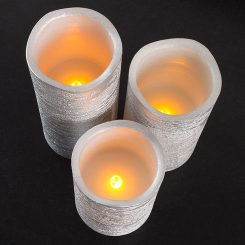 Lavish Home 80-FC1003 Flameless LED Powered Pillar Candles with Remote (Set of 3), Silver Metallic