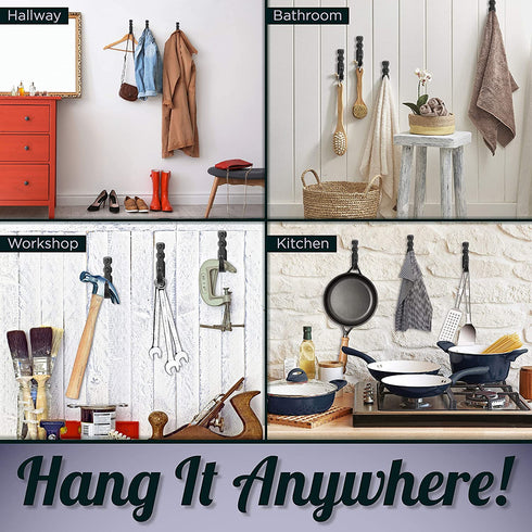Decorative Wall Mounted Basic Hooks Wrought Iron Hooks For Kitchen And Bathroom, Rustic, Handmade Antique Farmhouse Decorative Hooks For Hanging Robe, Towels, Coats, Bags and cloths - Set of 3 (Black)
