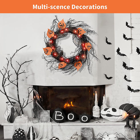 BOMMETER 22 inch Pre-Lit Halloween Deco Mesh Wreath with Timer, Lighted Front Door Wreath with 20 Warm LED Light, for Home Wall Hanging Halloween Décor (Brown)