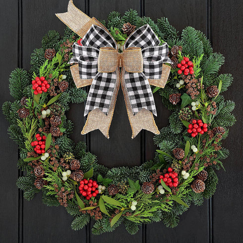 Syhood 4 Pieces Black and White Burlap Bows Christmas Wreath Bows Large Buffalo Plaid Wreath Bows Craft Ribbon Bows Tree Topper Bows Rustic Checkered Bows for Wedding Party Decoration 9.4 x 13 Inch