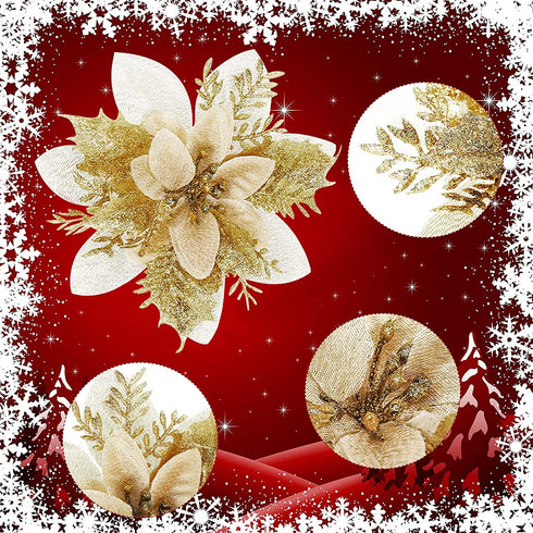 24 Pieces Christmas Glitter Poinsettia Flowers 5.5 Inch Artificial Christmas Flowers Xmas Artificial Glitter Flowers for Christmas Tree Ornament Party Decorations Wreath Garlands (Gold)