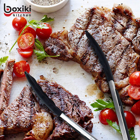 2 PCS Kitchen Tongs Utensil Set by Boxiki Kitchen. Silicone Tongs For Grilling, Cooking and Serving. Heat Resistant Tongs For Cooking. BPA Free Stainless Steel Kitchen Utensils.