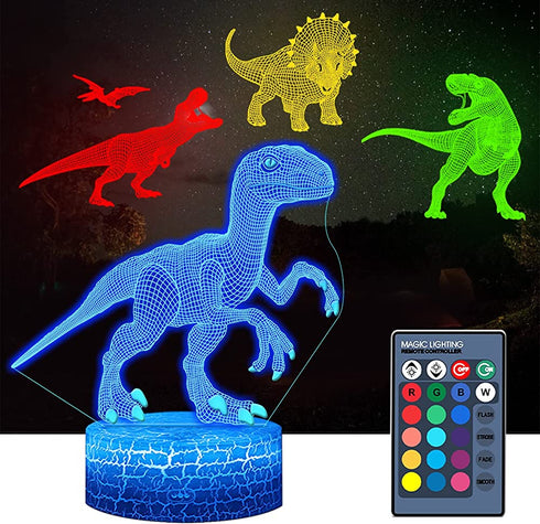 4 Pcs 3D Dinosaur Night Light, DDD LAMP Led Illusion Lamp 16 Color Change Remote Control Lights for Bed Living Room Kids Girls Boys Xmas 1666