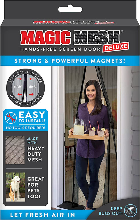 Magic Mesh Deluxe- Black- Hands Free Magnetic Screen Door, Mesh Curtain Keeps Bugs Out, Frame Hook & Loop, Hands Free, Pet & Kid Friendly- Fits Doors up to 39 x 83 Inches