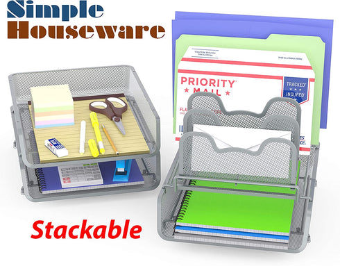 SimpleHouseware 3-Pack Stackable Desk File Document Letter Tray w/ 5 Compartments Step File Organizer, Silver