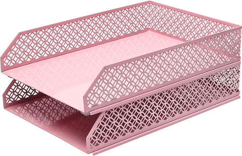 Annova Mesh Desk Organizer 4 Pieces Office Suppliers Desktop Organizer Set Desk Accessories - Letter / File Tray x 2, Magazine Rack / Upright Document Holder x 1, Pen Holder x 1 - Light Pink
