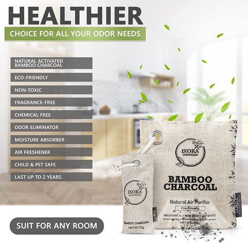 Ixora Essentials Bamboo Charcoal Air Purifying Bag, Charcoal Bags Odor Absorber for Home with Activated Bamboo Charcoal. 5 Pack (3 x 200g and 2 x 75g) of Charcoal Odor Absorber, Car Odor Eliminator, Pet Friendly