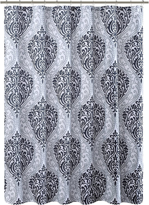 Comfort Spaces Coco Bathroom Shower Curtain Printed Damask Pattern Modern Cute Microfiber Fabric Bath Curtains, 72"x72", Black (CS70-0682)