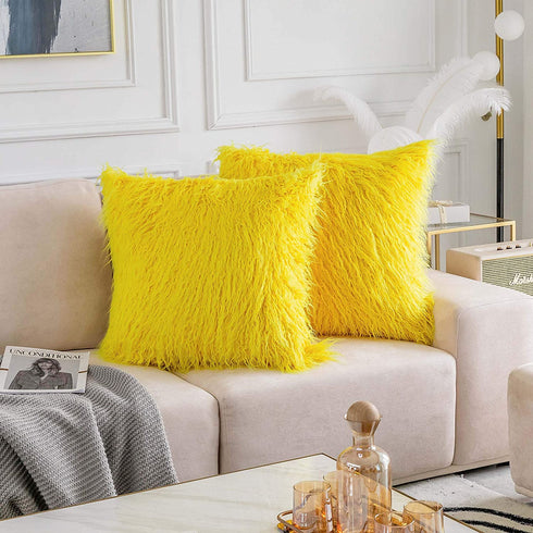 Home Brilliant Yellow Fur Pillow Covers Furry Fuzzy Accent Throw Pillow Covers Easter Decorations Decorative for Couch Sofa Bed, Set of 2 (18 x 18 Inch, Yellow)