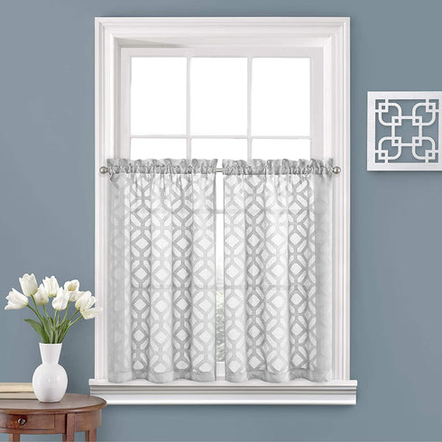 Vue Trellis Clip Small Panel Tiers Privacy Window Treatment Pair Bathroom, Living Room, 52 in x 24 in, Grey