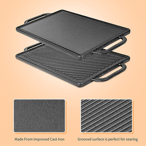 Hisencn Cast Iron Stove Griddle for Gas Grill, Nonstick Reversible Cast Iron Griddle Plate for Gas StoveTop, Outdoor Grill, Oven or Campfire (15.47L"8.18"W)
