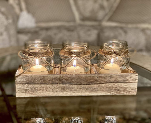 Mason Jar Glass Utensil Holder Flatware Caddy Silverware Organizer for Spoons, Knives and Forks with Rustic Wood Tray for Farmhouse Kitchen Decor and Countertop
