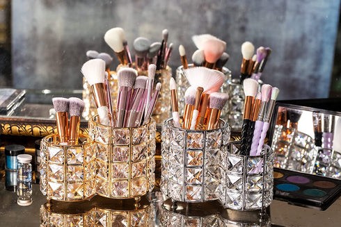 Makeup Brush Holders Crystal Makeup Brush Organizer Makeup Storage Makeup Brush Cup Holders Handcrafted Bling Gorgeous Decor for Vanity Extra Capacity Wide Opening (Silver)