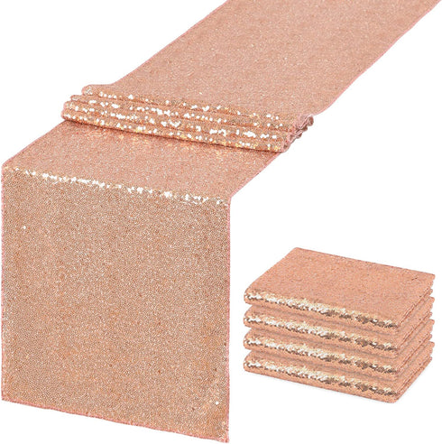 QueenDream Sequin Table Runners Rose Gold 4 Pieces 13 x 80 inch Birthday Party Table Runners