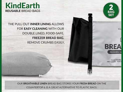 KindEarth - 2 Bread Bags, Reusable Bread Storage Keeper for Freezer, Extra Large Loaf Container, Organic Linen Cloth Cotton Bag, Gift Giver for Bread Maker, Keeps homemade Sourdough Bread Fresh