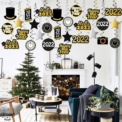 Happy New Years Swirl Decorations 2022 Pack of 40, Gold Glitter | Happy New Year Decorations 2022 | New Years Eve Party Supplies 2022 | NYE Decorations 2022 | Happy New Years Eve Decorations 2022