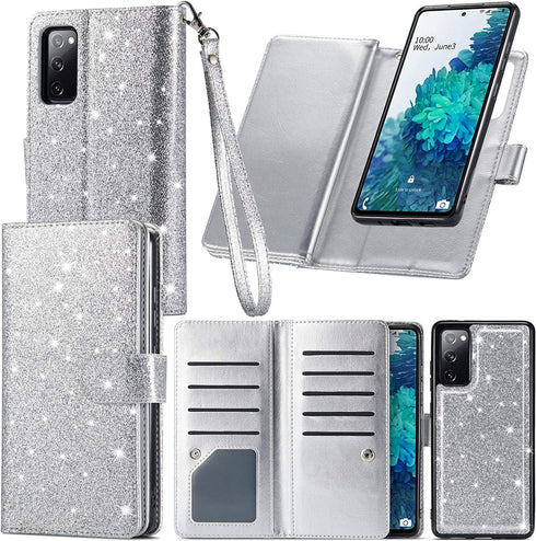 Varikke Samsung S20 FE Case Wallet, Case for Samsung S20 FE 5G with 9 Card Holders & Magnetic Detachable Cover & Kickstand & Lanyard Strap Glitter PU Leather Folio Flip Case for Galaxy S20 FE, Silver