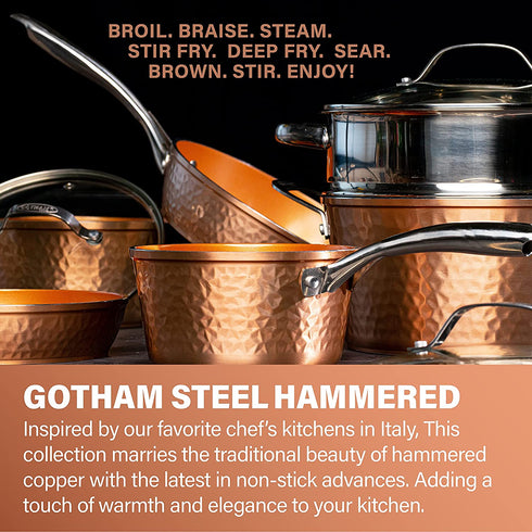 Gotham Steel Hammered Copper Collection 10 Nonstick Fry Pan with Lid, Premium Cookware, Aluminum Composition with Induction Plate for Even Heating, Dishwasher & Oven Safe
