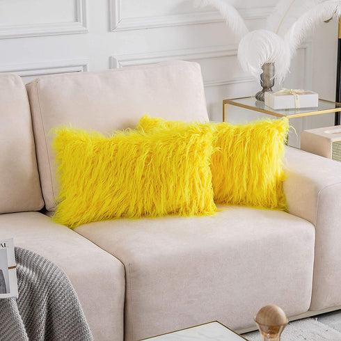Home Brilliant Yellow Fur Pillow Covers Decorative Faux Fur Oblong Fuzzy Throw Pillow Cover for Couch Sofa Bed, 12x20inches, 30 x 50cm, Set of 2