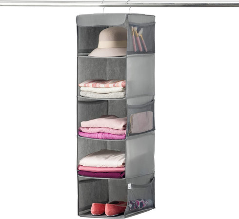Zober 5 Shelf Hanging Closet Organizer Space Saver, Roomy Breathable Hanging Shelves With (6) Side Accessories Pockets, And 2 Sturdy Hooks, For Clothes Storage, And Shoes, Etc. 12 x 11 ½ x 42 In, Gray