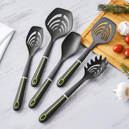 Amazon Basics 5-Piece Nylon Kitchen Cooking Utensil Set, Soft Grip Handle, Grey and Green