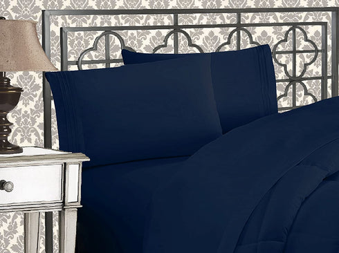 Elegant Comfort Luxurious 1500 Thread Count Egyptian Quality Three Line Embroidered Softest Premium Hotel Quality 4-Piece Bed Sheet Set, Wrinkle and Fade Resistant, Twin/Twin XL, Navy Blue