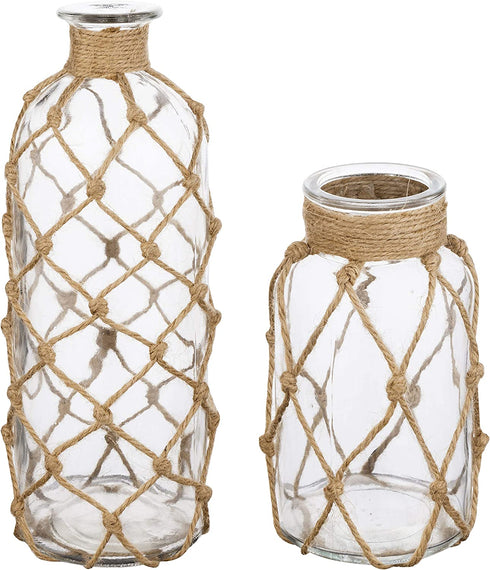 MyGift Coastal Style Decorative Glass Bottles with Rope Wrapping, Set of 2