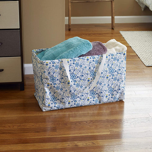 Household Essentials 2244 Krush Canvas Utility Tote | Reusable Grocery Shopping Laundry Carry Bag | White With Floral Design, 22" L X 11" W X 13" H