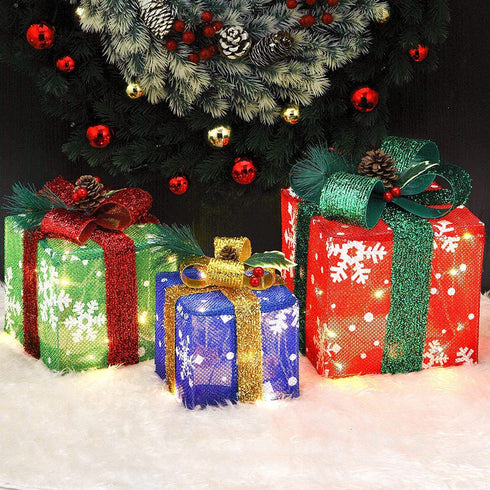 gresonic Christmas Lighted Pop Up Gift Boxes Decorations, Set of 3 Tinsel Present Box, Pre-lit 48 LED Light Up Tree Skirt Ornament, Indoor Outdoor Red Green & Blue for Holiday Party Xmas Home Yard