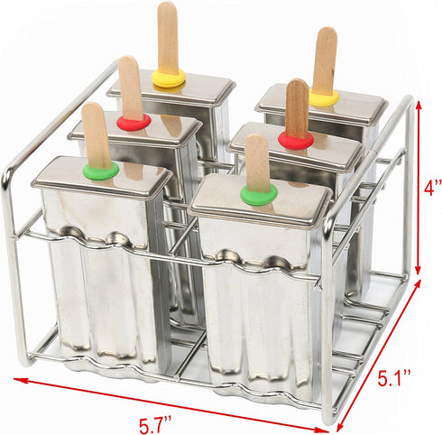 Yaekoo Set of 6 Stainless Steel Popsicle Mold and Rack Set - Homemade Ice Treat Makerwith 50 Wooden Sticks and 6 Silicone Seals and Bonus Cleaning Brush