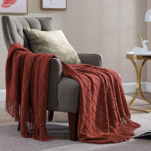 Walensee Throw Blanket for Couch, 50 x 60 Rust, Acrylic Knit Woven Summer Blanket, Lightweight Decorative Soft Nap Throw with Tassel for Chair Bed Sofa Travel Picnic, Suitable for All Seasons